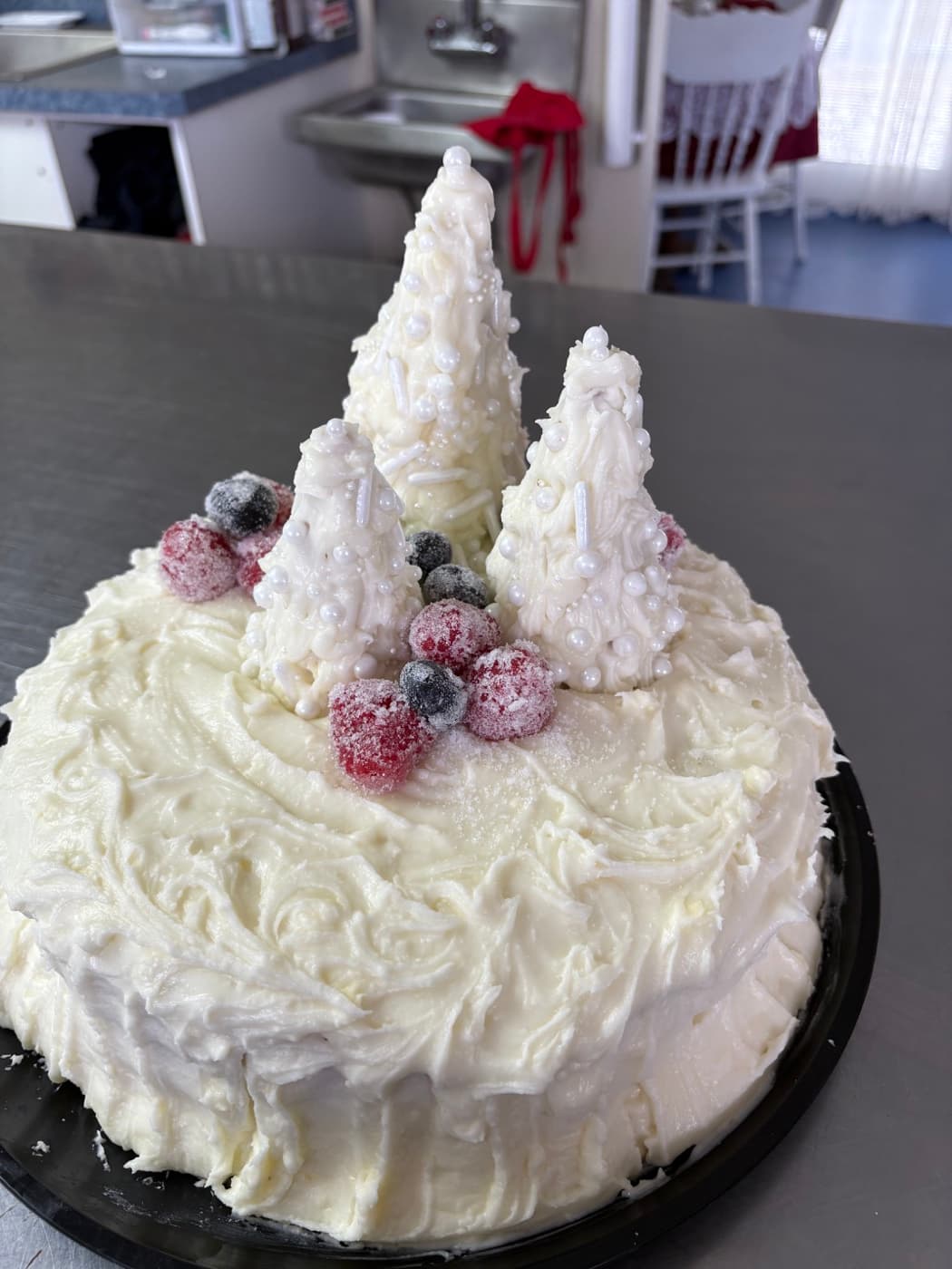 A white cake with sugared cranberries and white chocolate trees